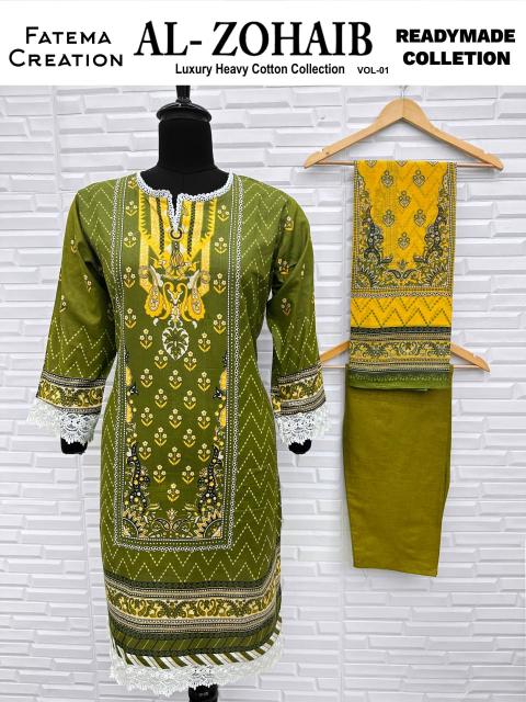 Fatema al-zohaib vol-1 lawn cotton printed top bottom dupatta designer kurti manufacturer