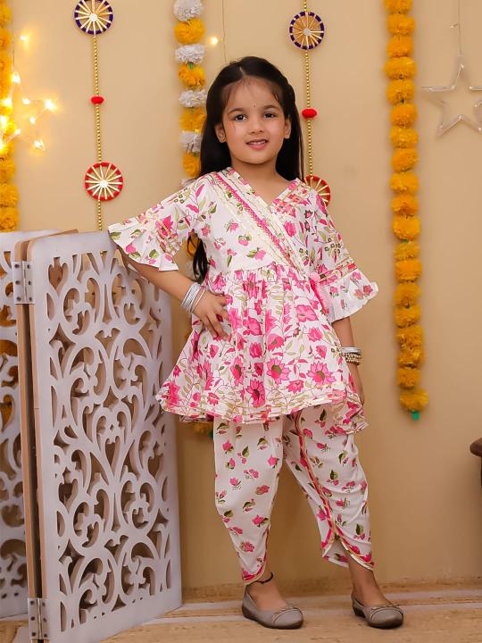Festive floral kids wear girls cotton kurti with dhoti designer kurtis in india