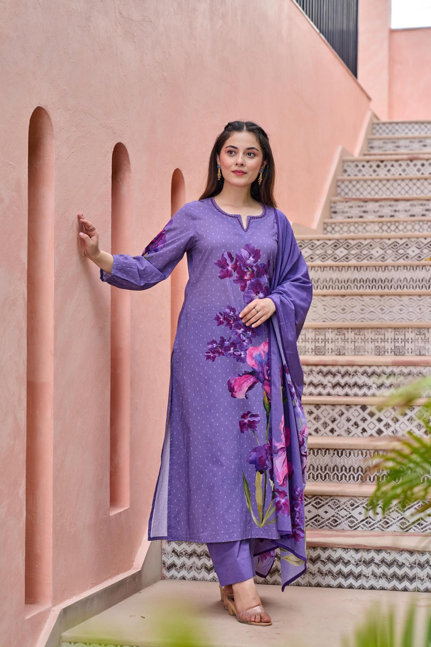 Karma beautiful cotton 3 pcs suit with digital print kurti set for women india