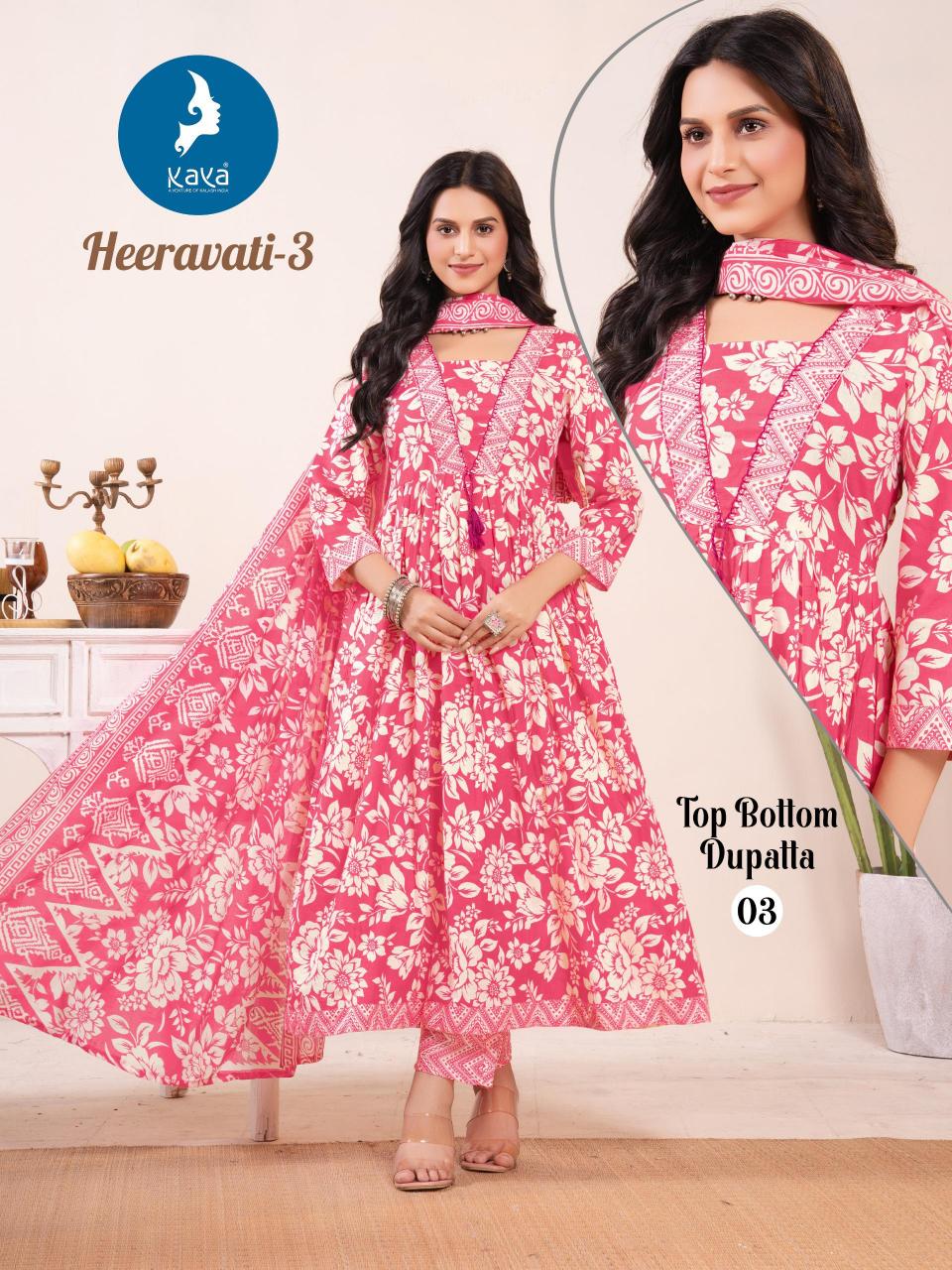 Kaya kurti heeravati 3 cotton print 3 pcs v shaped indian kurti dress