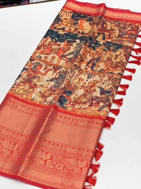 Keerthy banarasi silk kalamkari block print party wear designer saree from india