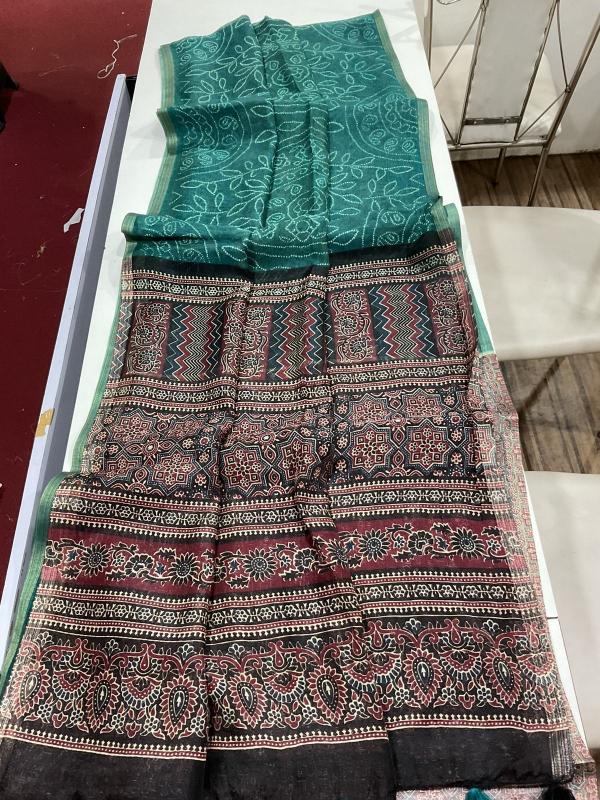 Linen digital ajrakh bandhani print pallu saree surat wholesale