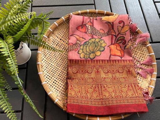Linen digital kalamkari print fancy tassels indian saree usa