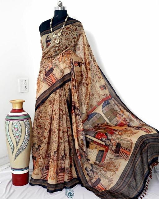 Linen digital print fancy tassels saree surat wholesale market