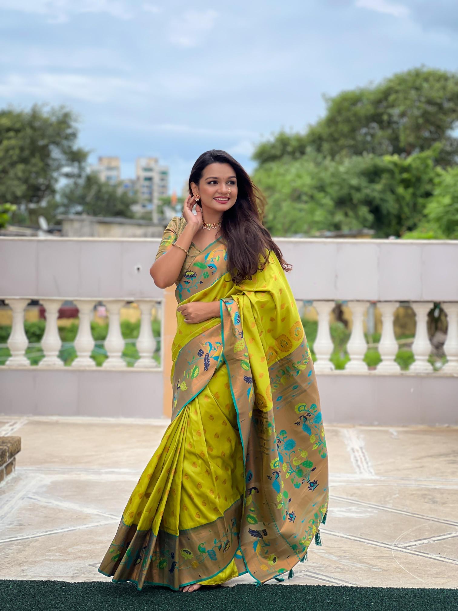 Marigold paithani soft silk meenakari weawing saree with blouse wholesale saree online