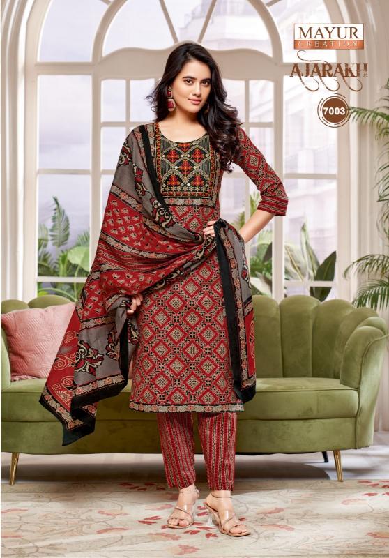 Mayur ajarakh vol-7 cotton printed top bottom dupatta branded kurtis manufacturers