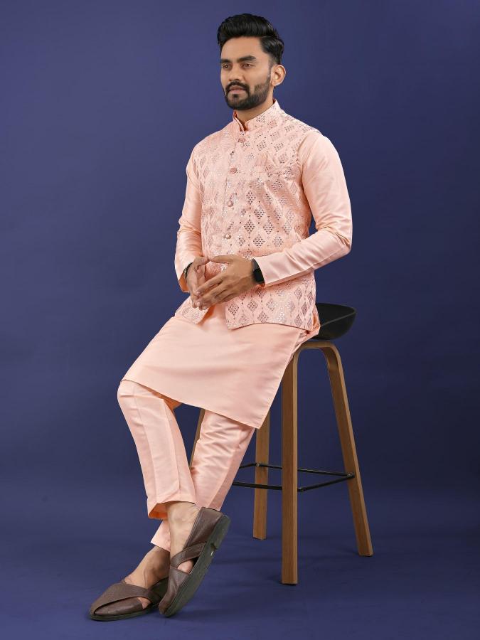 Mens wear kurta pajama with koti pure silk designer kurta online in india
