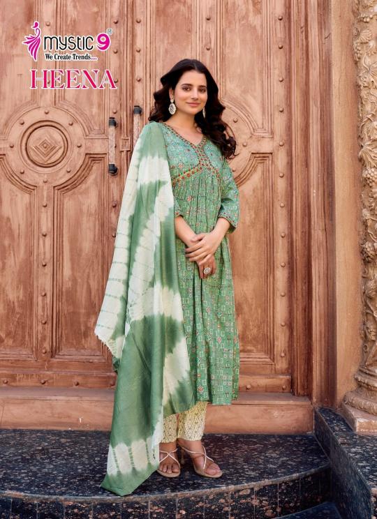 Mystic9 heena vol 7 rayon foil print branded kurtis wholesale