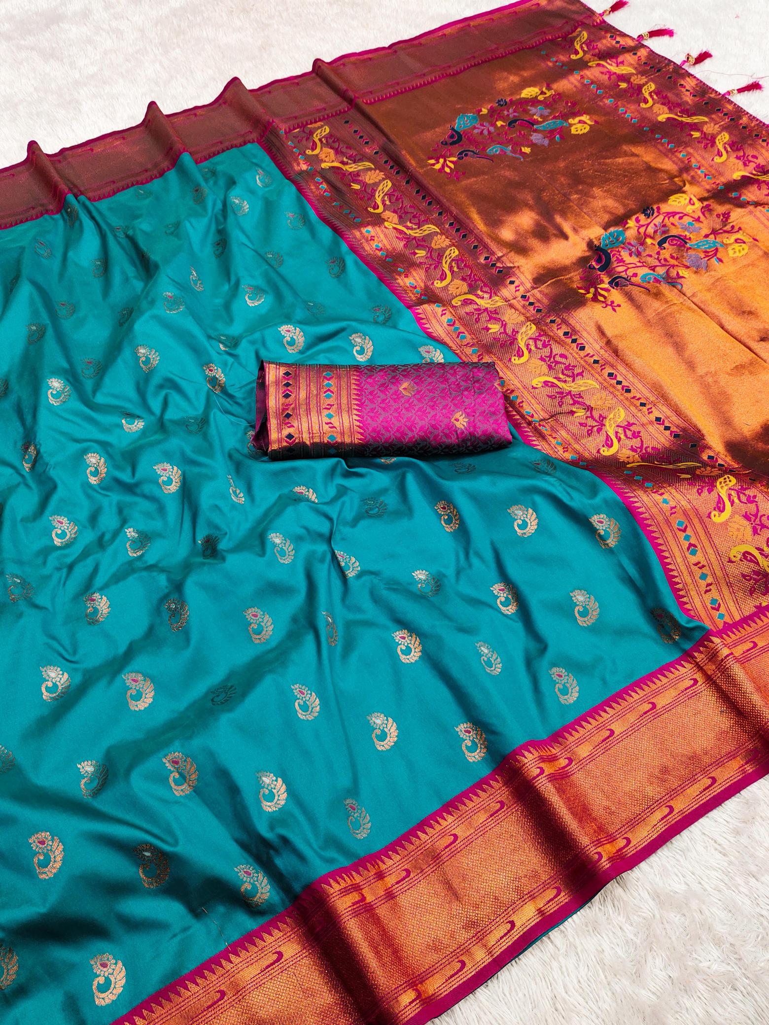 Nath paithani soft silk meenakari weawing rich pallu indian sarees for women