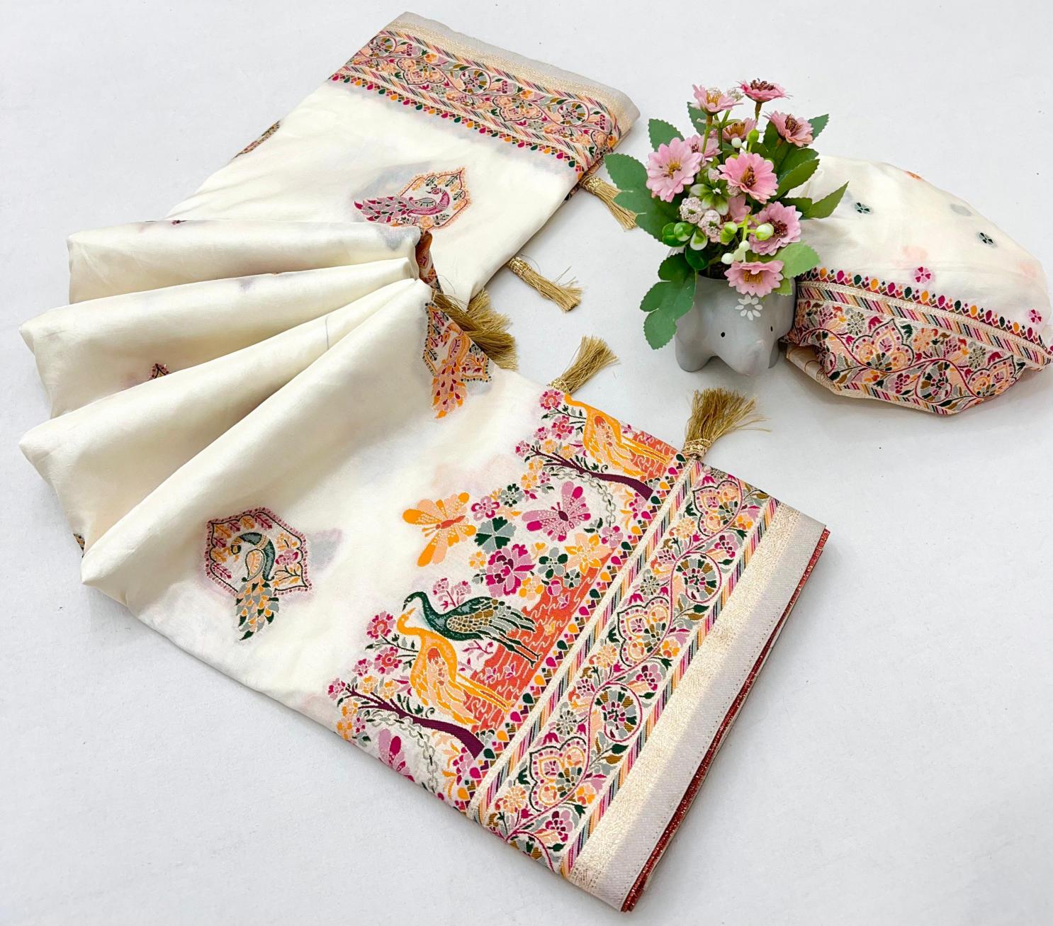 Pashmina silk kashmiri meenakari zari weaving designer saree in india