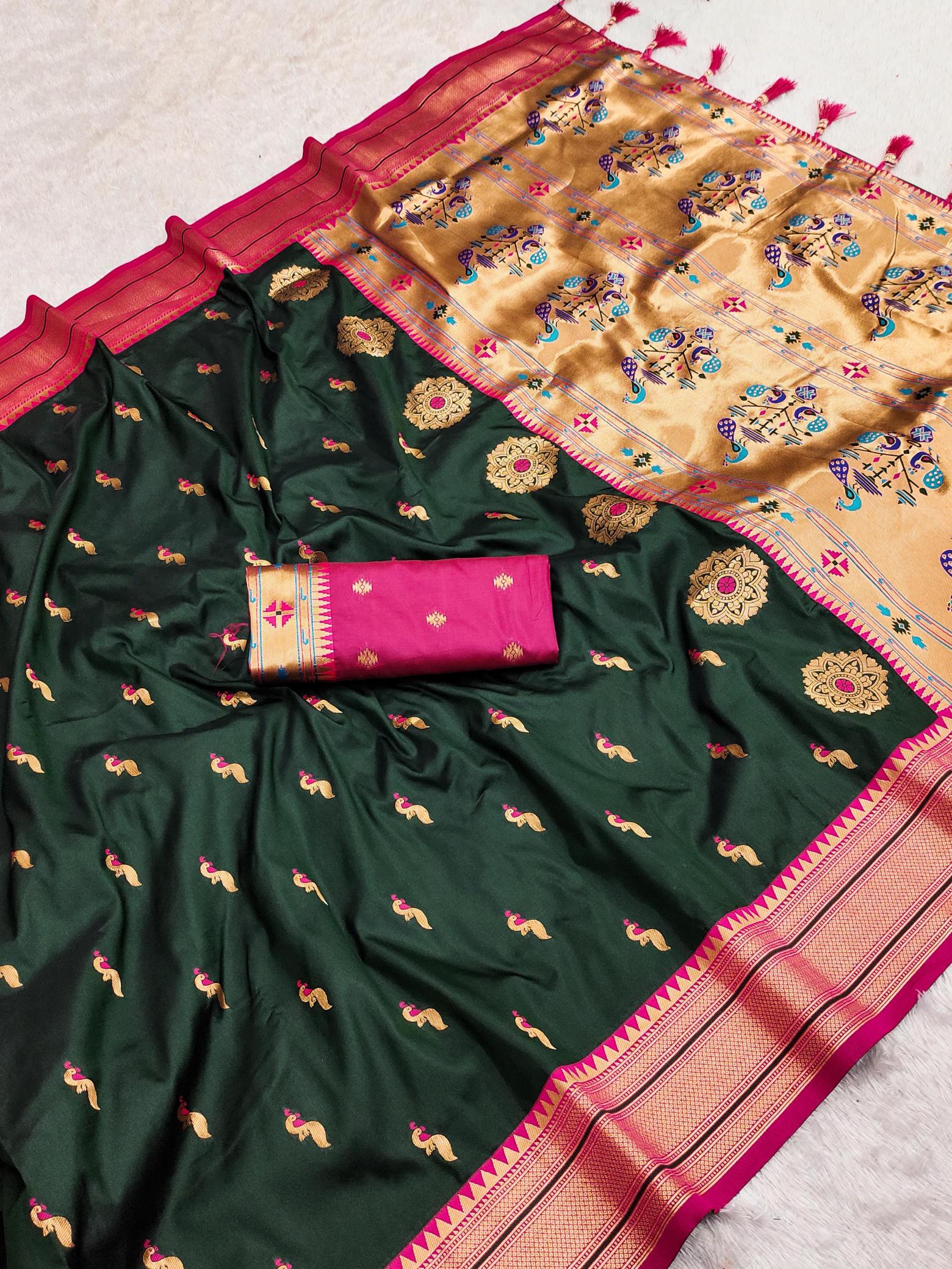 Peacock paithani soft silk zari weawing design indian fashion saree