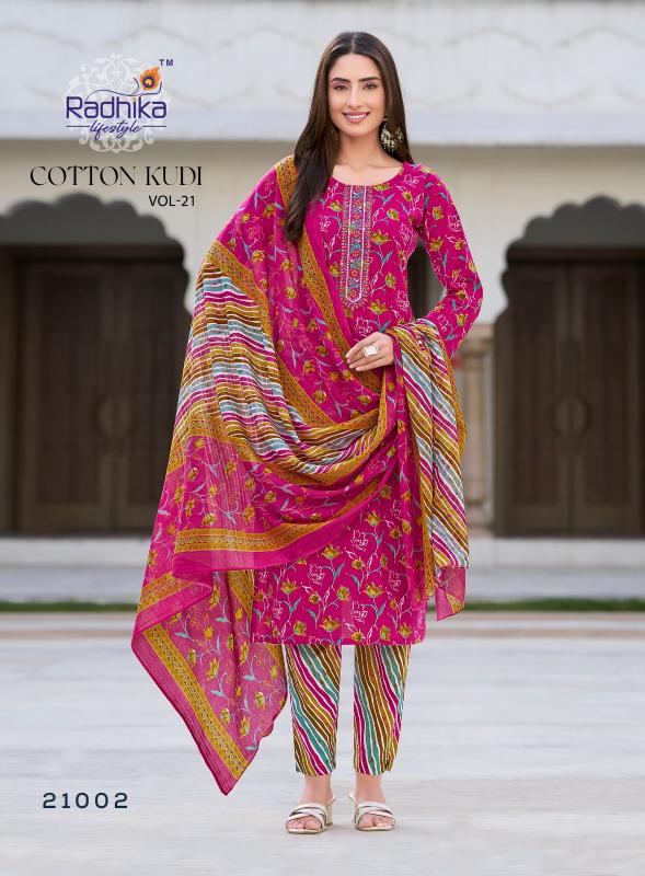 Radhika lifestyle cotton kudi vol 21 pure cotton top bottom dupatta kurtis manufacturers in india