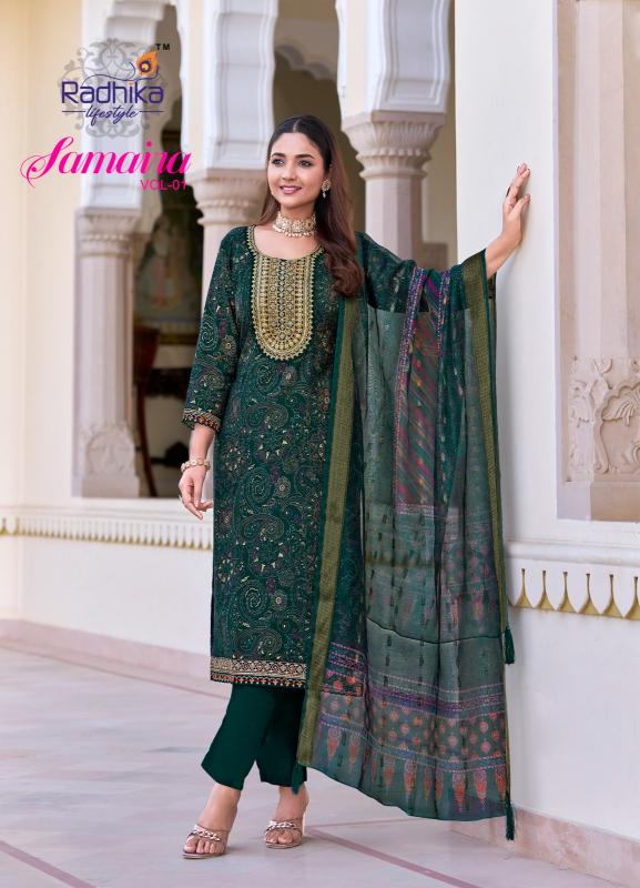 Radhika lifestyle samaira vol 1 vertican foil print top bottom dupatta branded kurtis wholesale