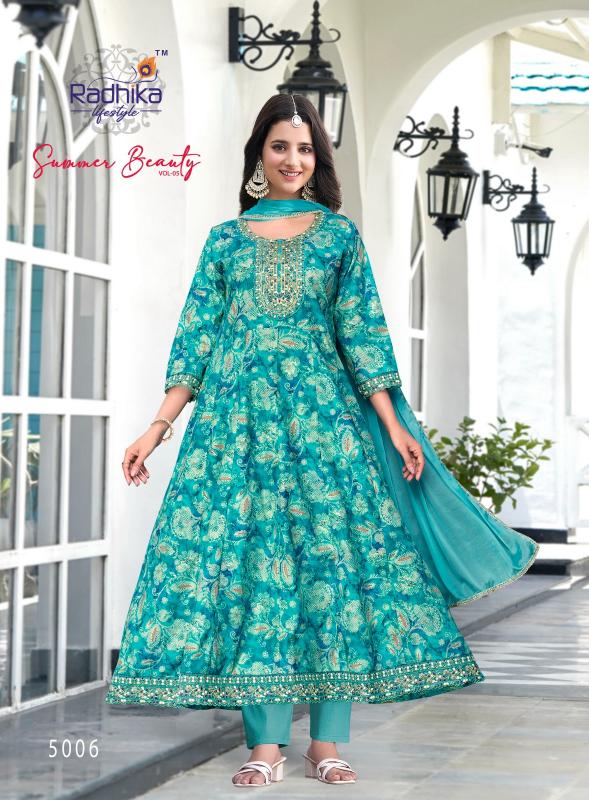 Radhika lifestyle summer beauty vol 5 foil print 3 pcs catalog jaipuri cotton printed kurtis wholesale