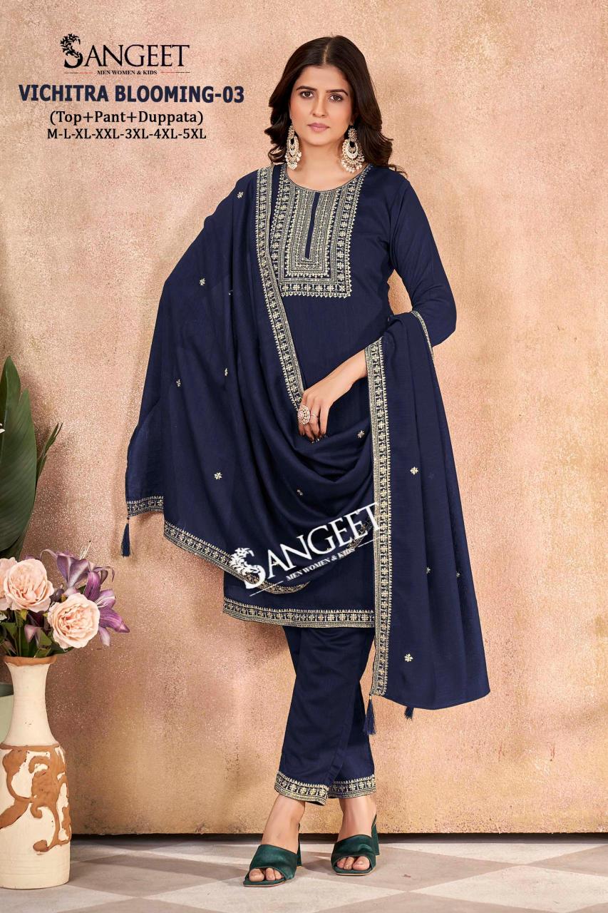 Sangeet vichitra blooming 3 vichitra silk top bottom dupatta catalog designer kurti india