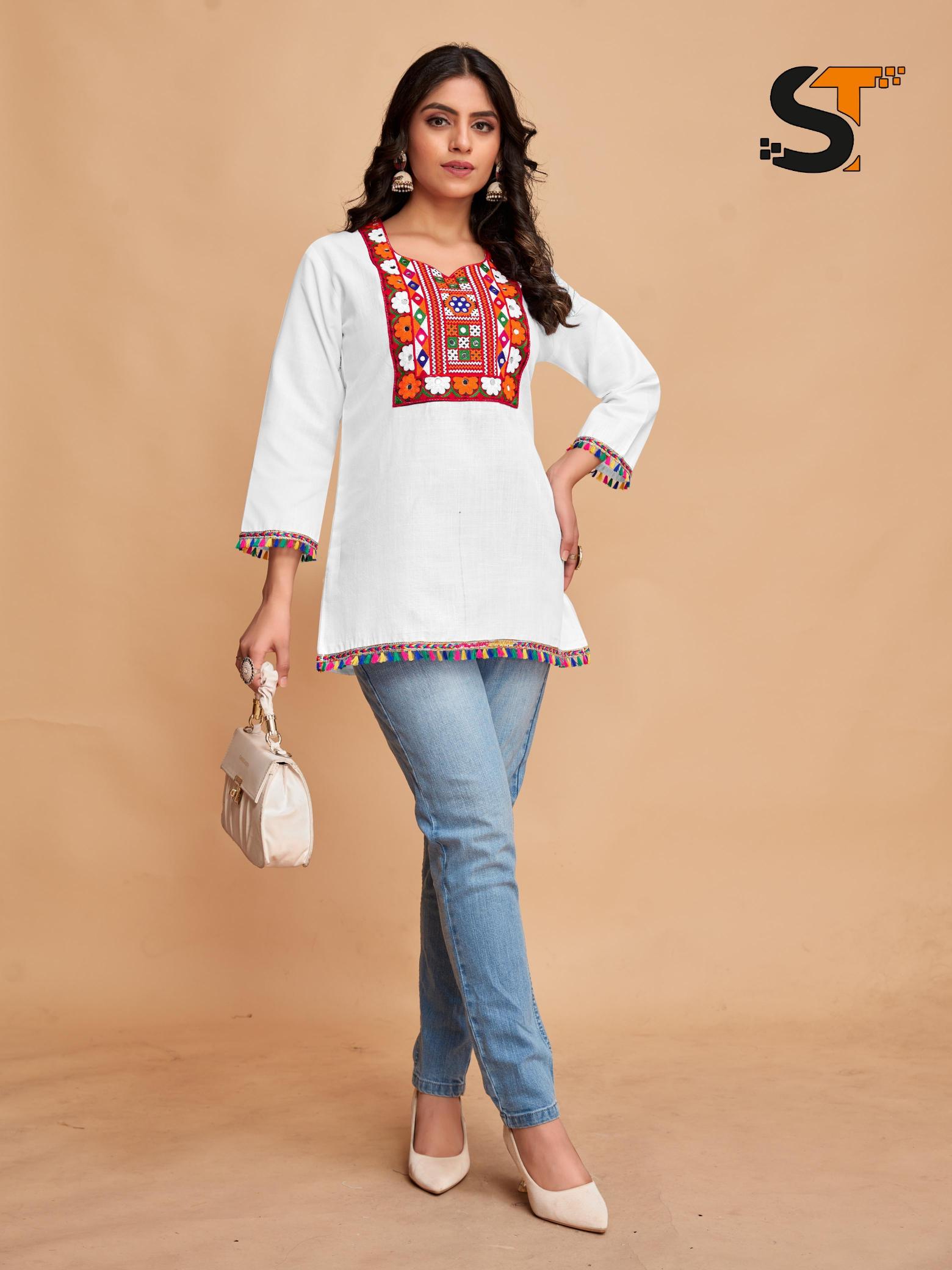Shree salasar cotton with embroidery work short top catalog jaipuri short kurtis wholesale