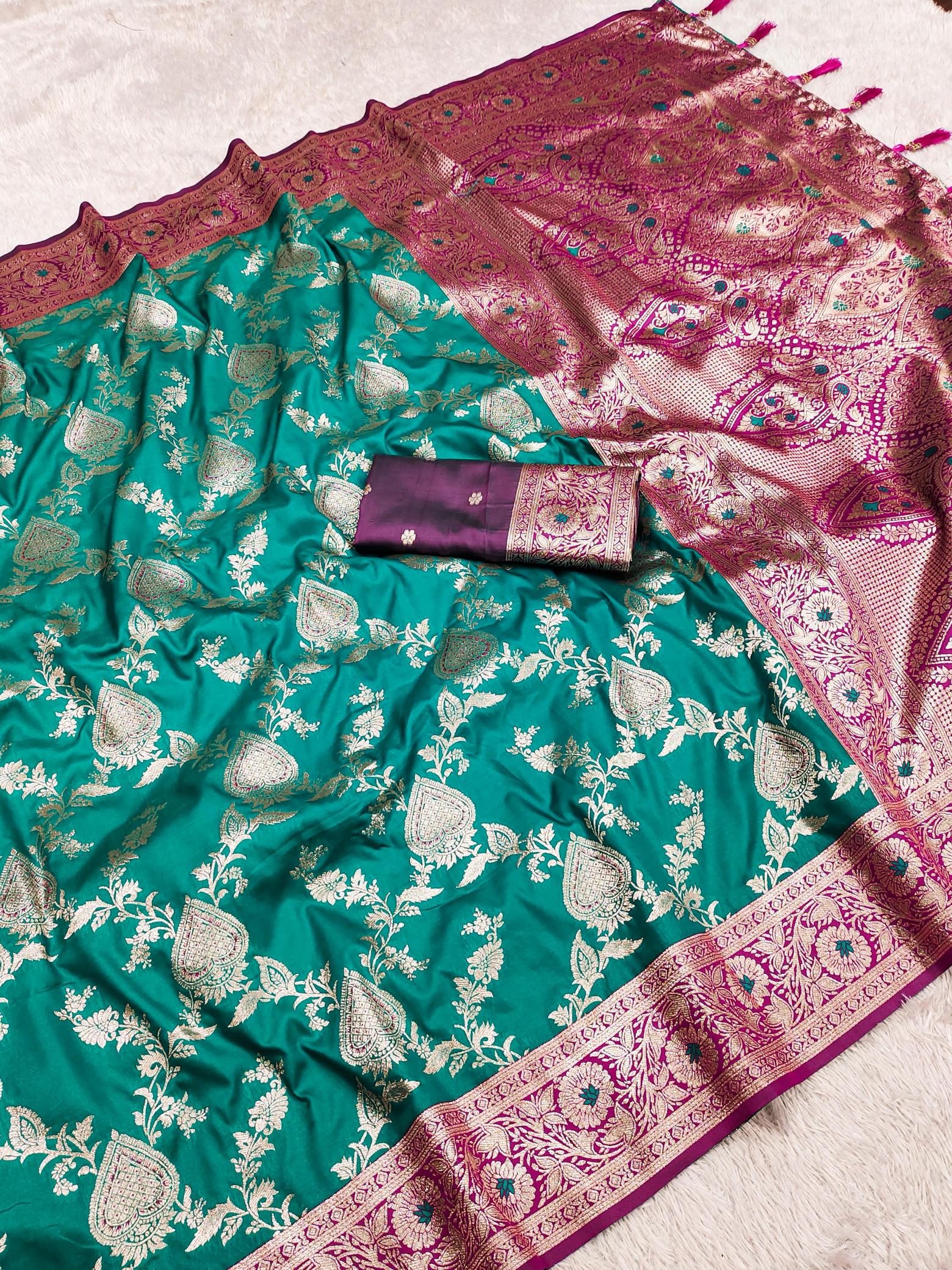  Soft banarasi silk zari weaving contrast border indian saree design