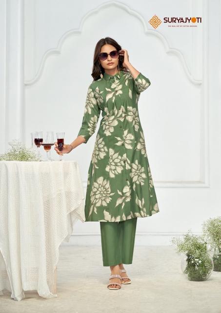 Suryajyoti nimisha vol-1 A-line style roman vertigan printed coord set branded kurtis