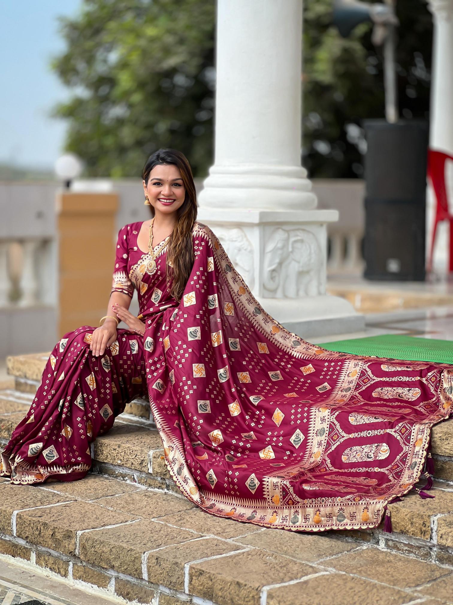 Swastik pure viscous dolla silk swastik & kalash design saree catalog wholesale online shopping