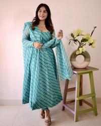 Tabby organza laheriya printed top bottom dupatta premium kurti brands