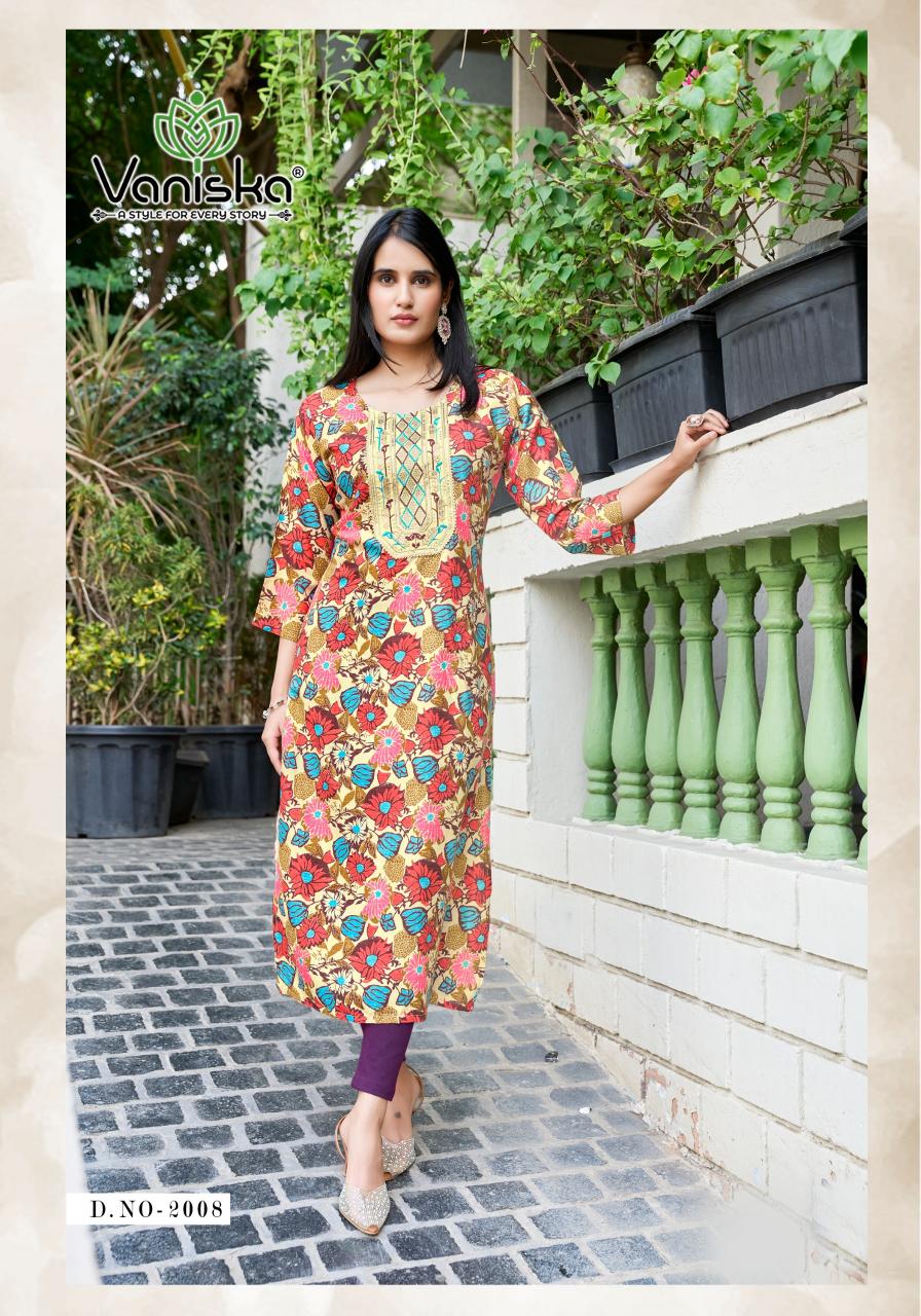 Vaniska charming vol.2 reyon foil print kurti manufacturers in india