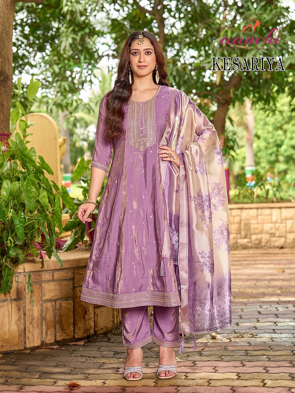 Aanchi kesariya roman shimmer flair 3 pcs indian latest kurti design