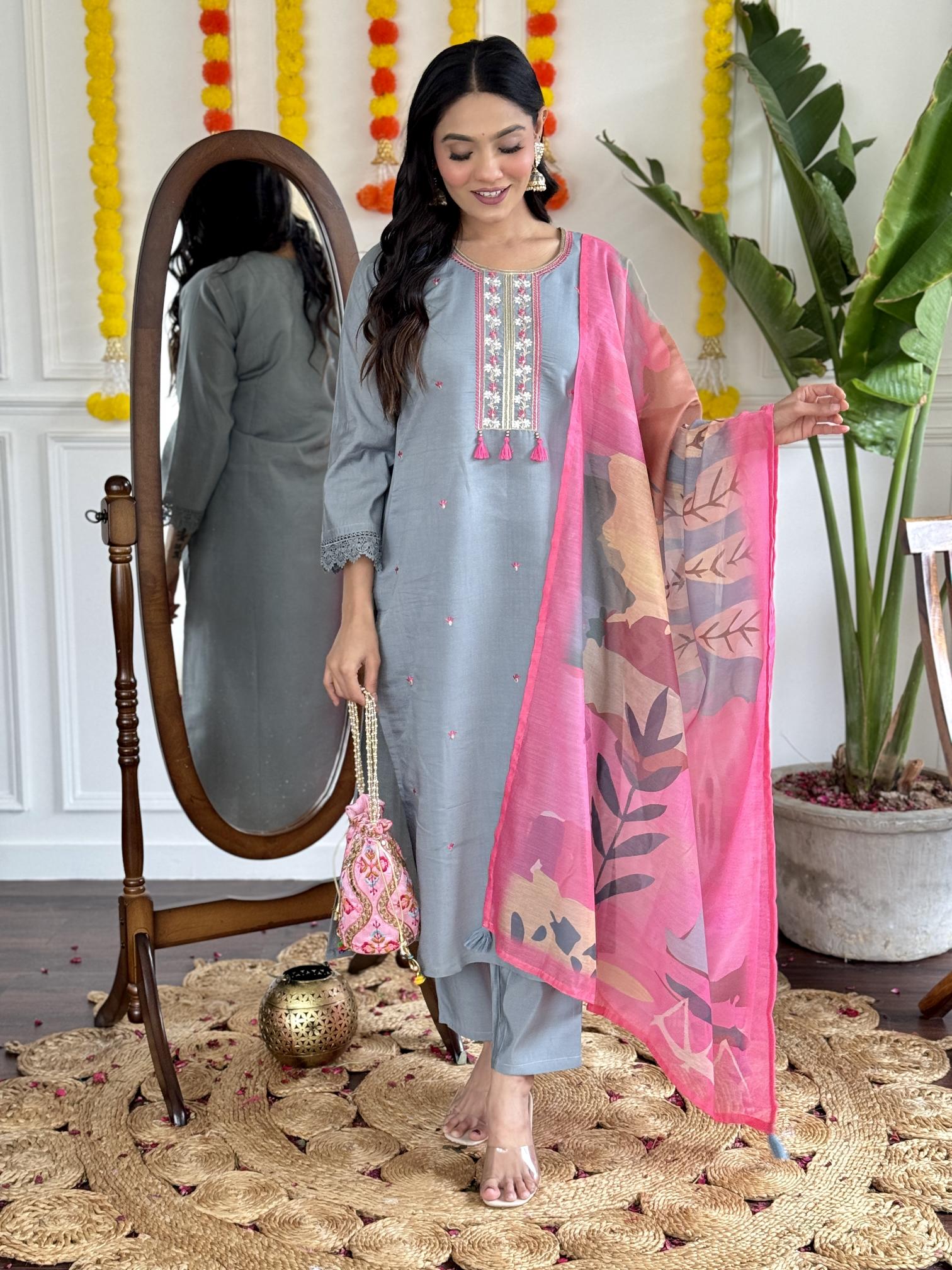 Aarohi viscose chanderi 3 pcs indian long kurti designs