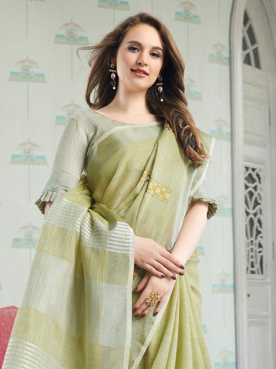 AMYRA NX by Astita fancy designer linen Cotton fabric saree with embroidery Work wholesale saree with latkan 