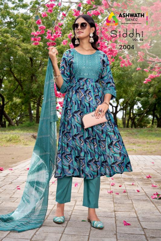 Ashwath siddhi vol 2 roman foil print 3 pcs indian kurti neck design