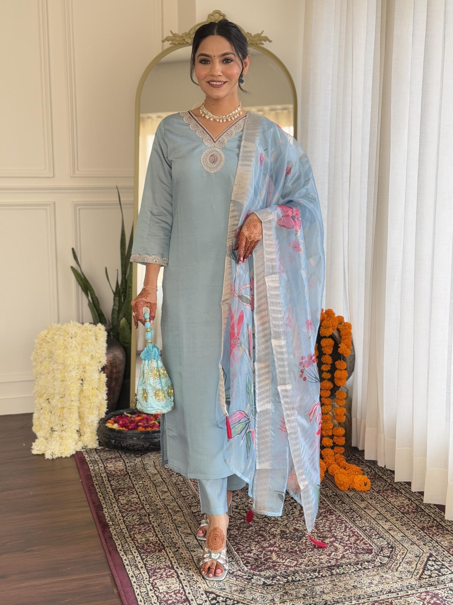Bitto Arya grey light roman silk 3 pcs wholesale clothing india