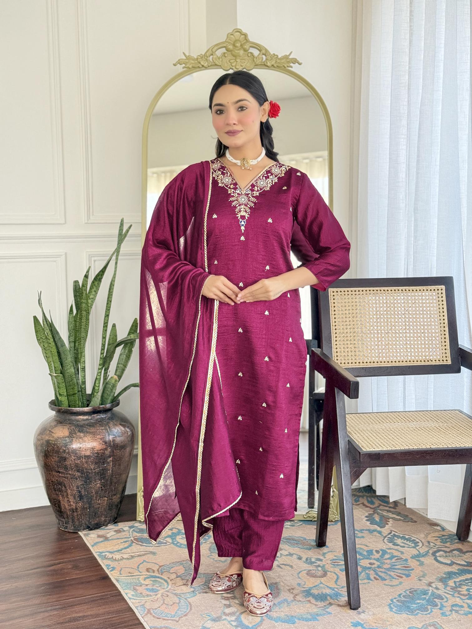 Bitto Jasmine cp vichitra v neck 3 pcs indian kurtis clothing