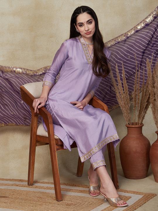 Bitto lite purple viscose silk blend 3 pcs indian kurti sets online
