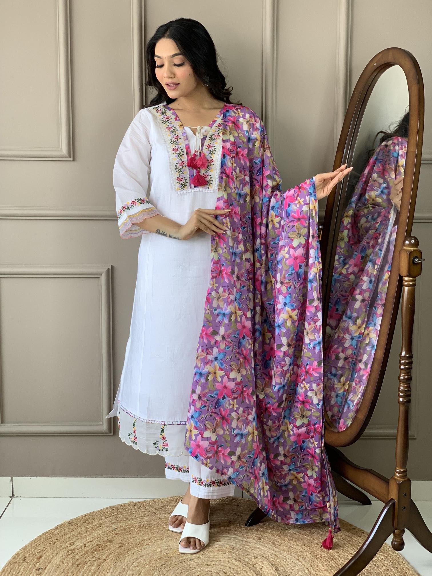 Bitto NK 523 off white 3 pcs chanderi silk straight kurtis online India