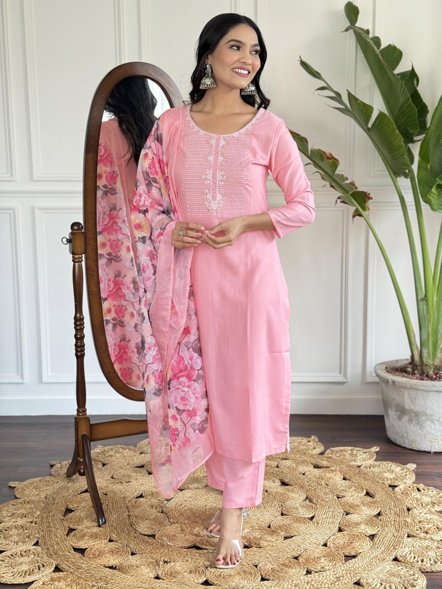 Bitto NK 595 baby pink rayon slub 3 pcs kurti bulk clothes online