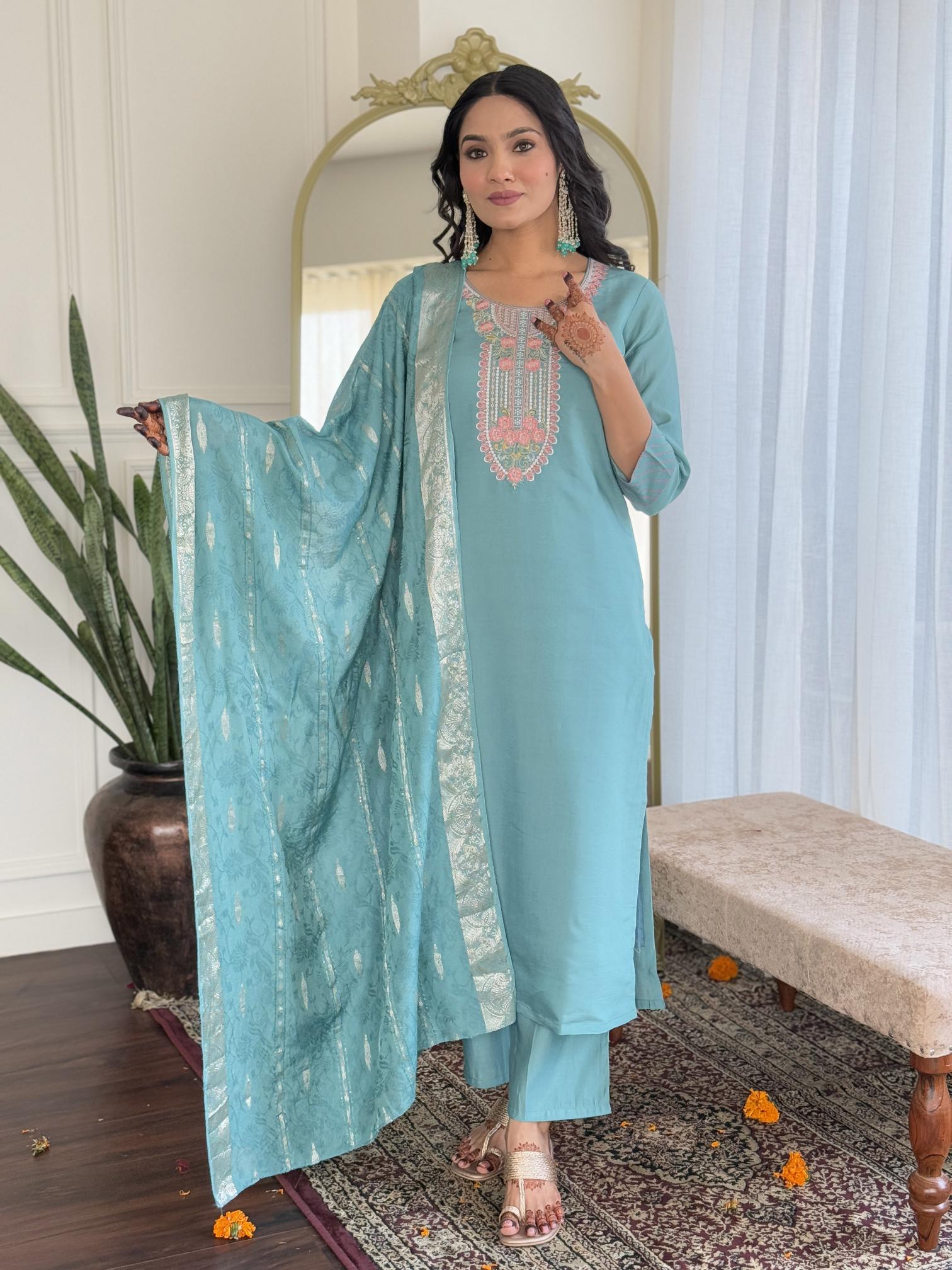 Bitto NK 651 sky chanderi 3 pcs kurti cloth wholesale online