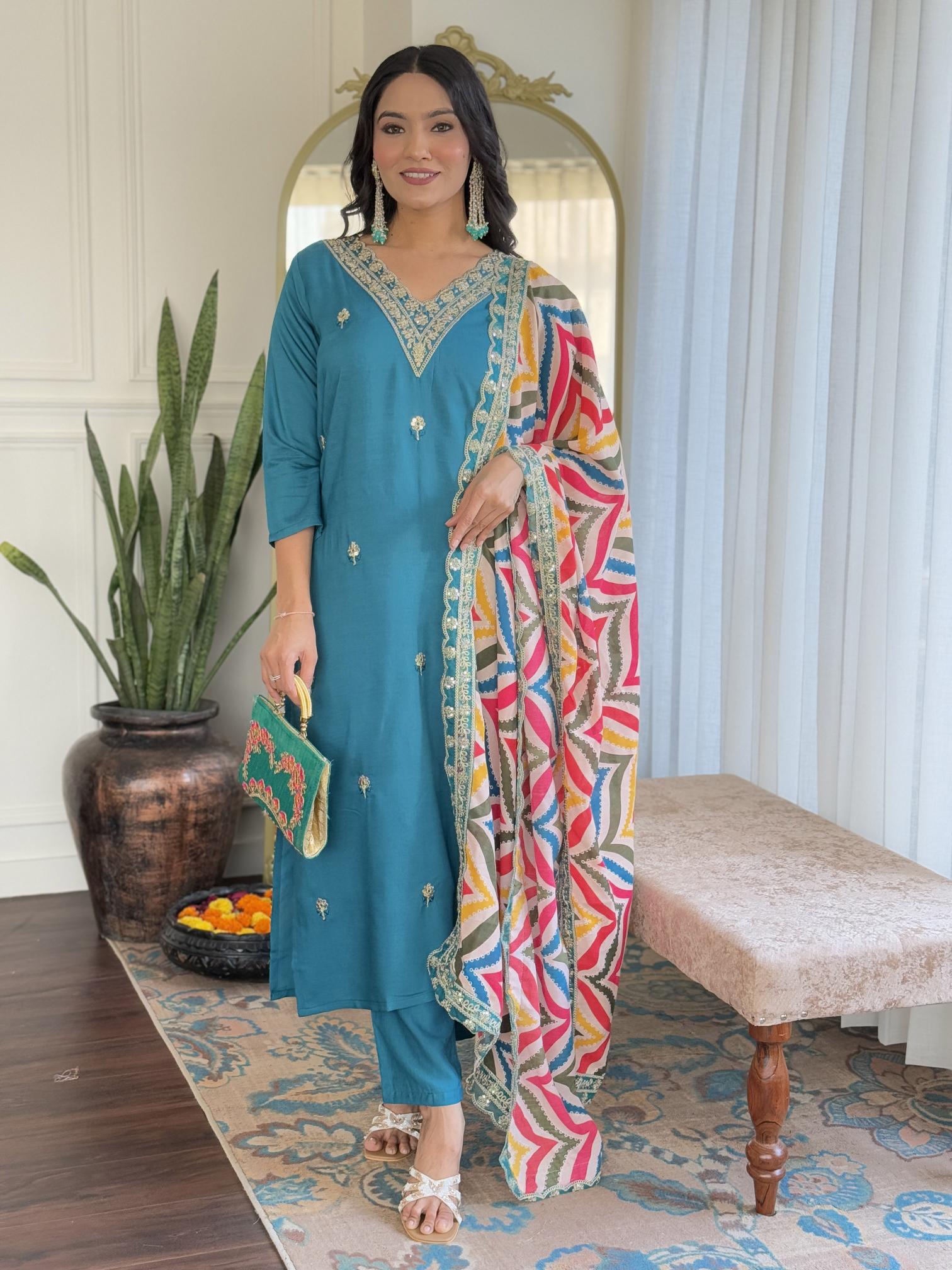 Bitto NK467 rama v neck viscose straight 3 pcs indian kurti online canada