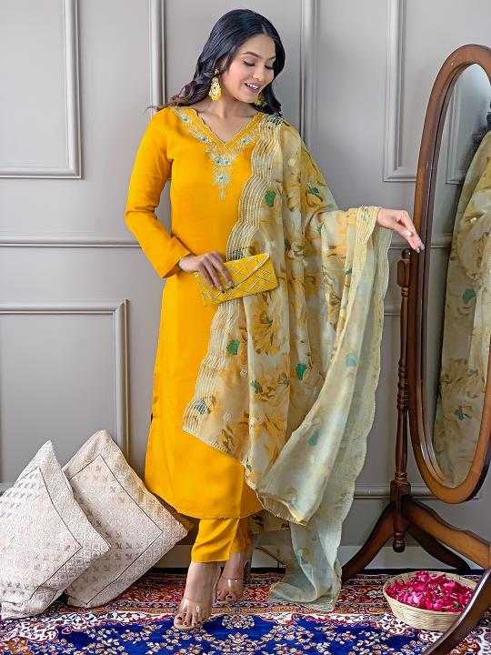 Bitto NK468 yellow viscose v neck traditional ethnic kurtis online