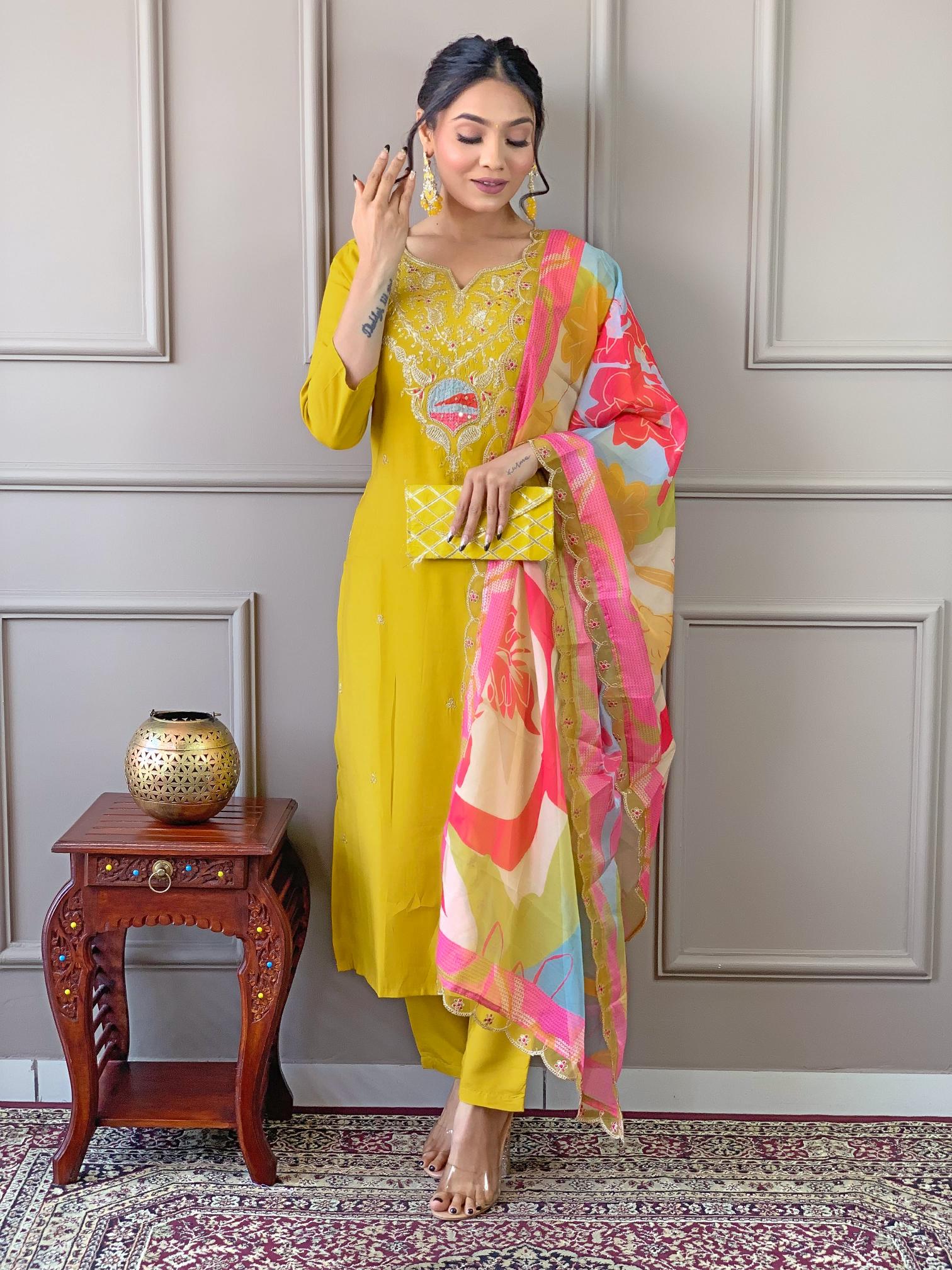 Bitto NK474 mustard straight viscose 3 pcs womens ethnic kurtis online
