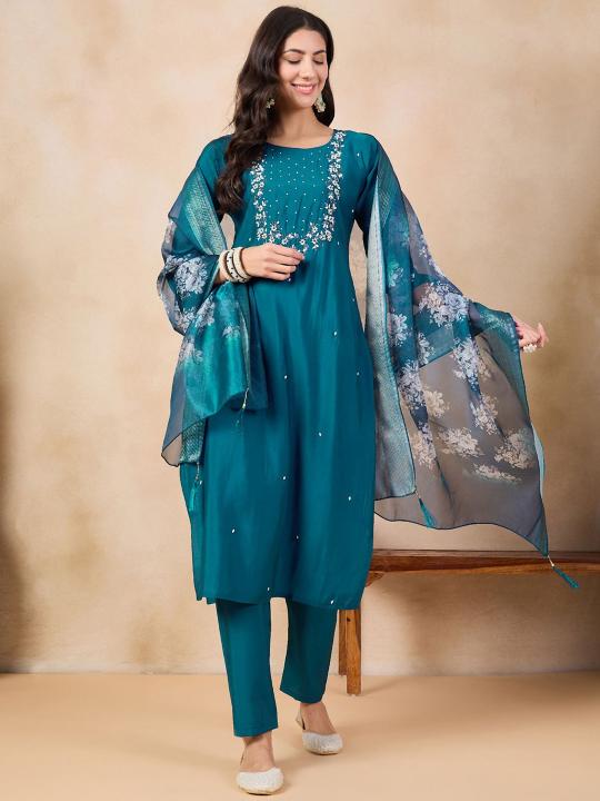 Bitto raviya viscose chanderi petrol color kurti surat 