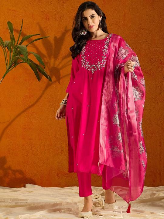 Bitto raviya viscose chanderi pink color 3 pcs wholesale kurtis in surat