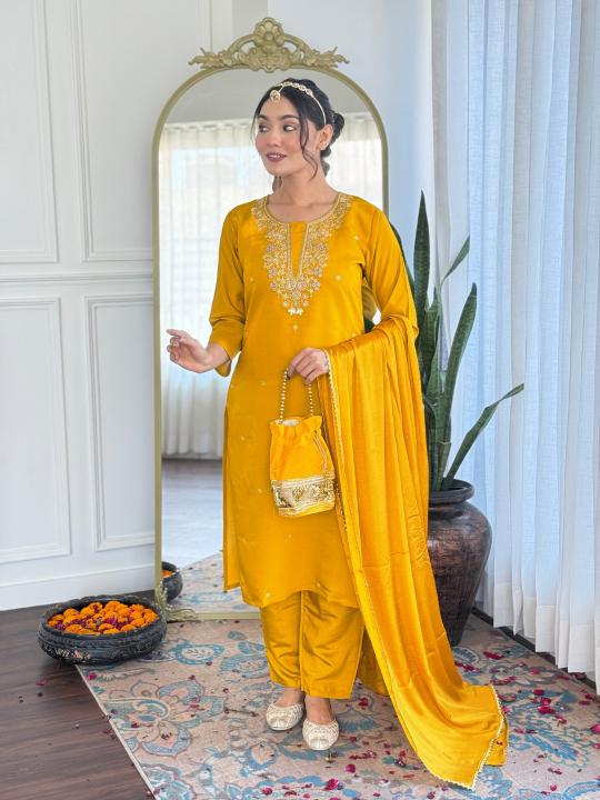 Bitto vedika viscose chanderi yellow 3 pcs kurti womens wholesale clothing