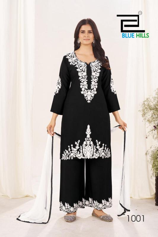 Blue hills pearl rayon with work 3 pcs designer kurtis manufacturers in surat