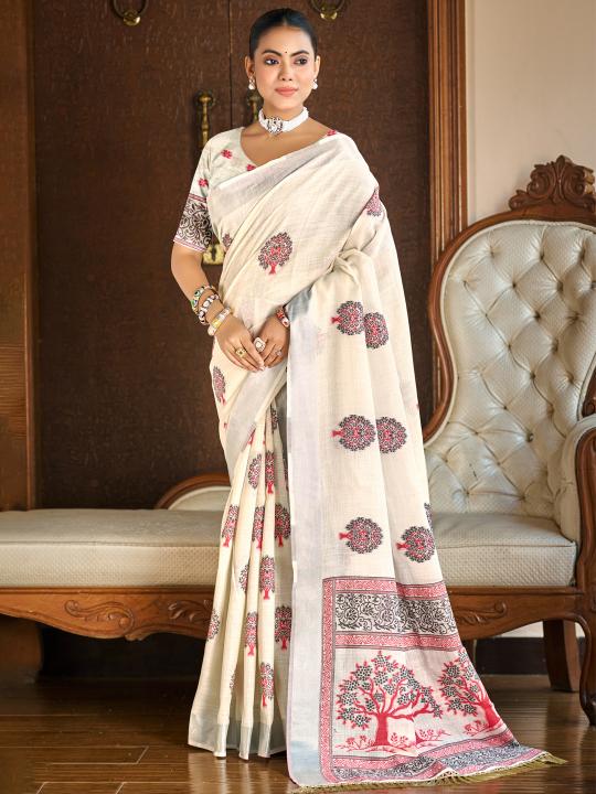 Bunawat Bindiya  Linen Woven Work Traditional Saree
