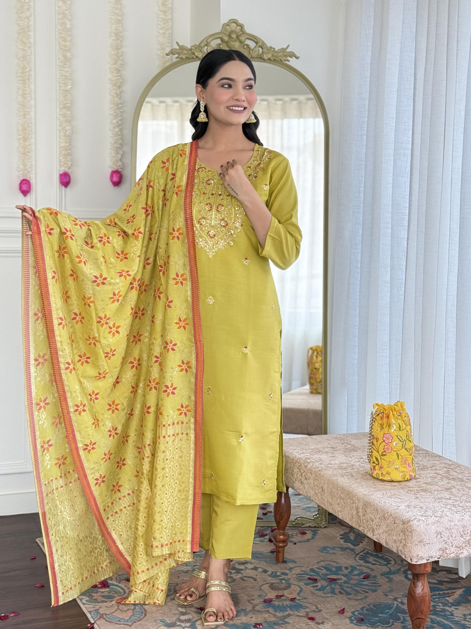 Camila viscose chanderi 3 pcs straight indian silk kurtis