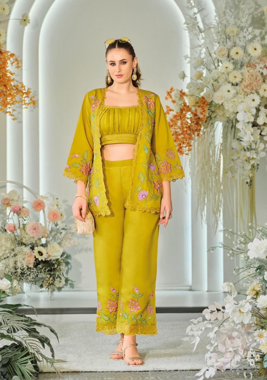 Kailee fashion bloom 2 viscouse orgenja appkiqe work co ord sets wholesale india