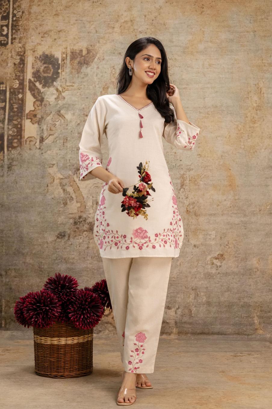 Karma cotton flex embroidered coord set myntra kurtis india