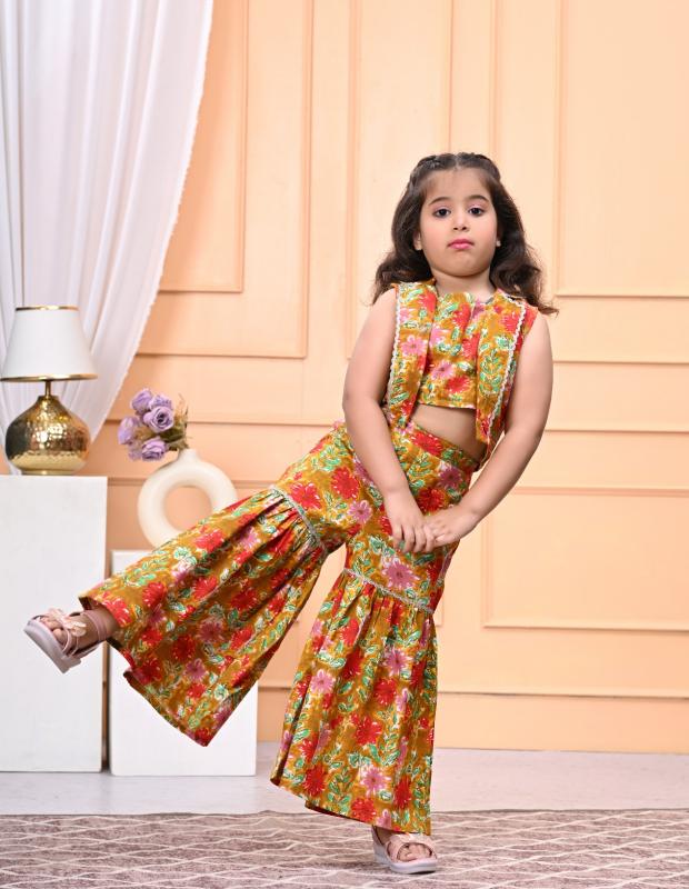 Karma kids 03 wear girls cotton crop top sharara and jacket set etsy indian kurtis
