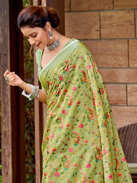 KASHMIRA NX by Astita fancy designer linen Cotton fabric saree with embroidery Work wholesale saree with latkan 