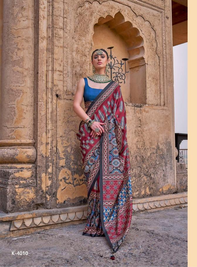 Kreshva mantraa new P.V.silk ajarakh print saree surat wholesale market