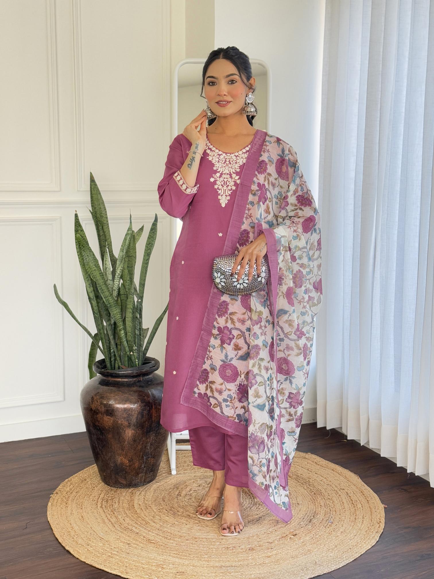 Liza chanderi silk straight 3 pcs indian latest kurti design